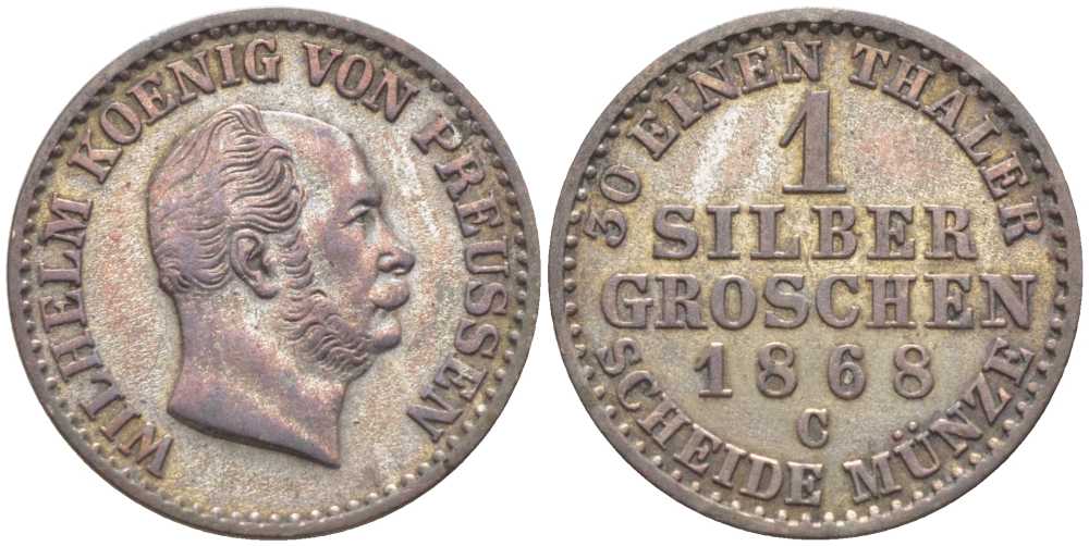 Пруссия 1 серебряный грош 1868 C, Вильгельм I (1861-1888) KM 485, Olding 421, AKS 103, J.89 серебро 201-644