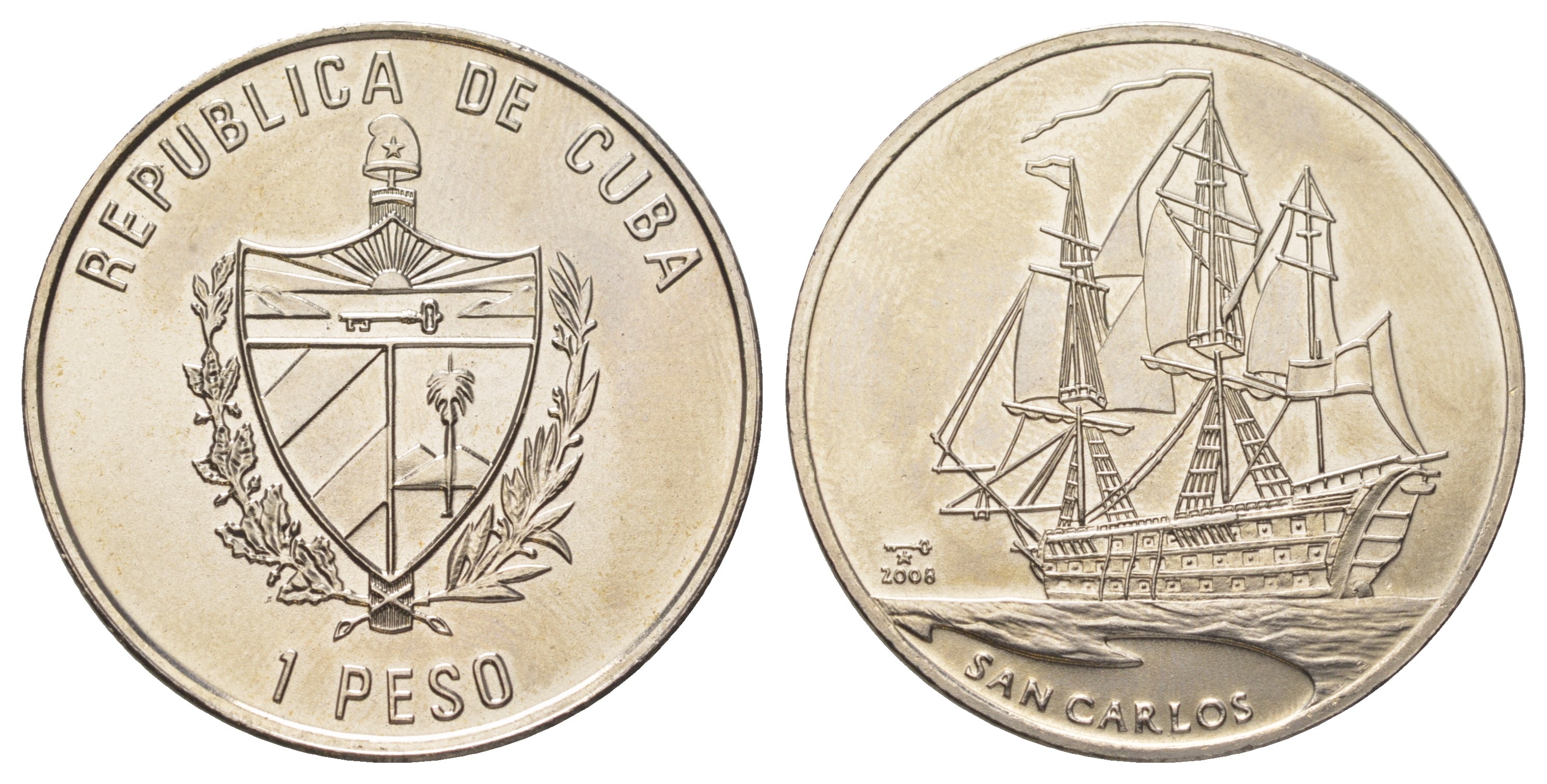 Куба 1 песо 2008 парусник Сан-Карлос KM 902 медно-никель UNC 00-00