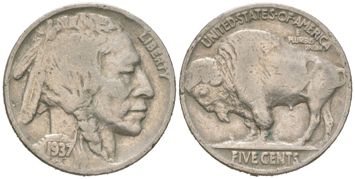 США 5 центов 1937 индеец, бизон KM 134 медно-никель 4614-1267