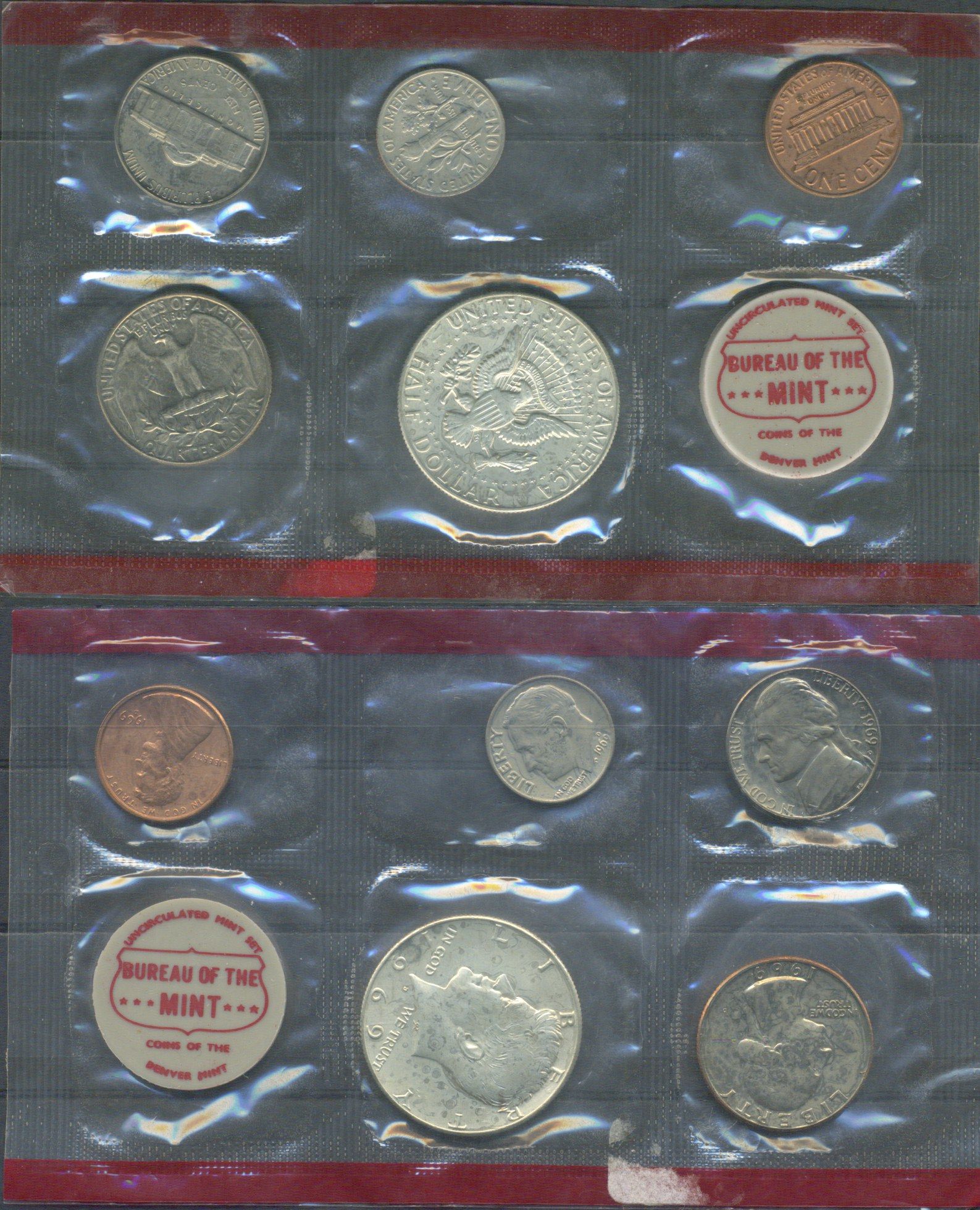 США набор из 5 монет (1, 5, 10 (дайм), 25 (квотер, 1/4 доллара) и 50 (1/2 доллара) центов) и отметки монетного двора 1969 D, в оригинальной упаковке, в запайке KM MS122 (164a, A192, 195a, 201 и 202a) UNC 8-2-06-08