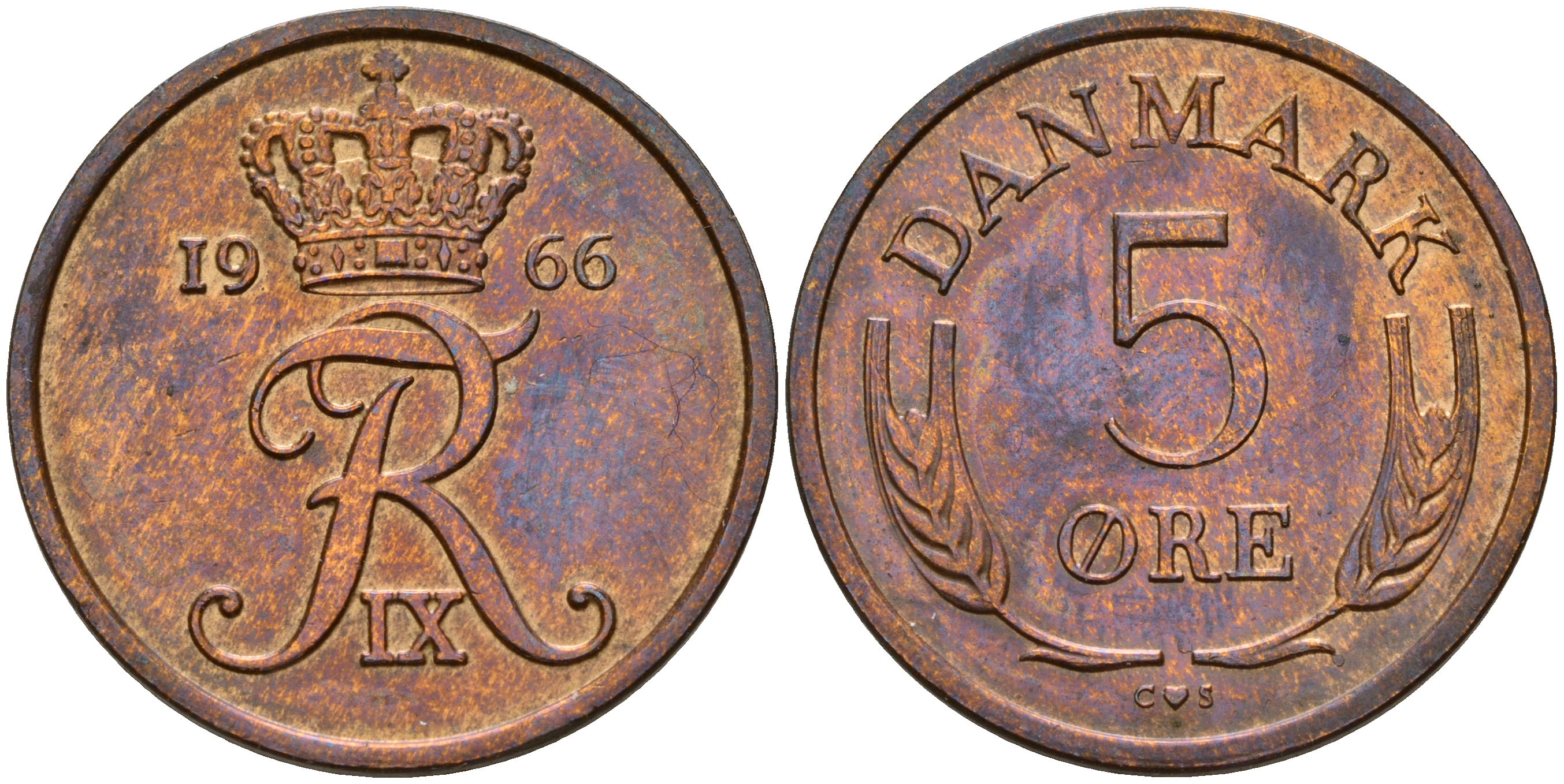 Дания 5 эре 1966 C; S, Фредерик IX (1947-1972) KM 848.1 бронза UNC 4601-846