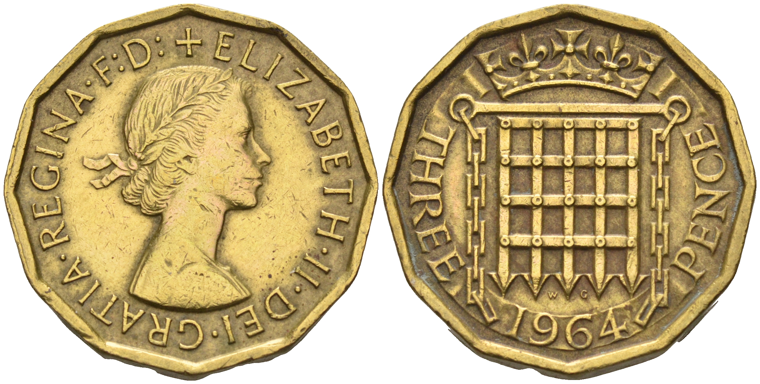 Великобритания 3 пенса 1964 Елизавета II (1952-2022) KM 900, Spink 4153 никель латунь 4589-825