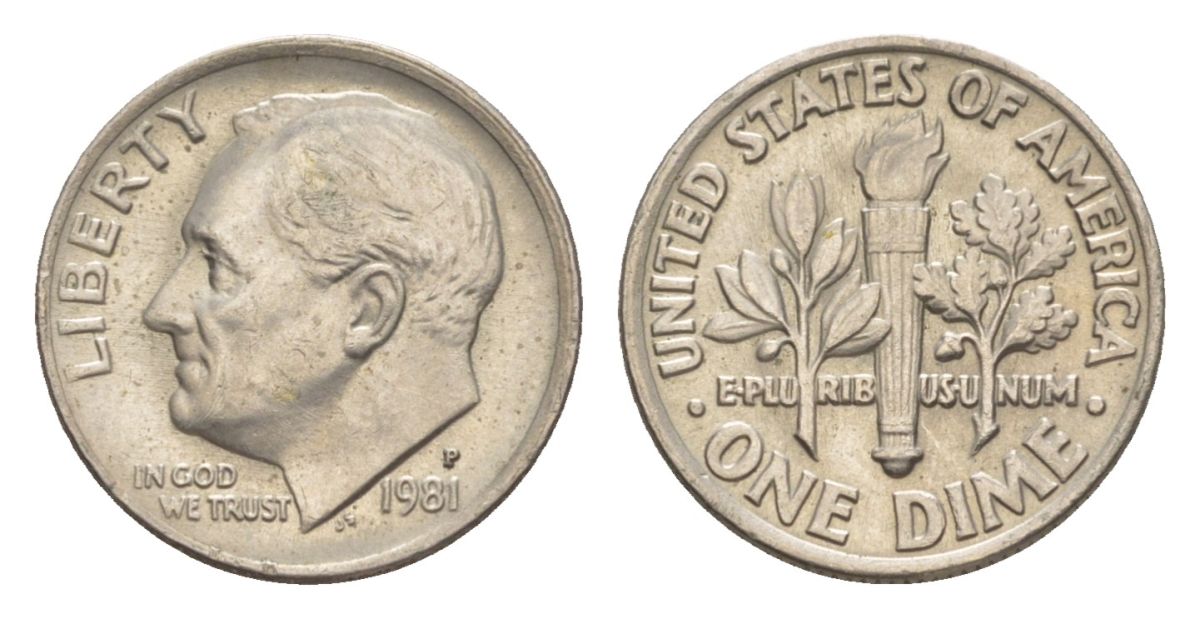 США 10 центов (дайм) 1981 P, Рузвельт KM 195a медь плакированная медно-никель 4630-1027