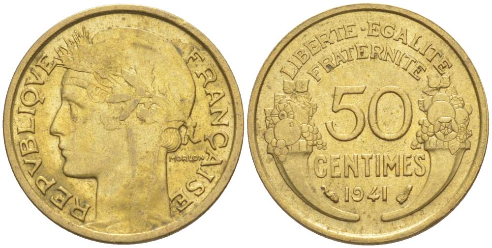 ФРАНЦИЯ 50 САНТИМОВ 1941 ТИП MORLON KM 894.1, LE FRANC 192.18 алюминиевая бронза 44-526