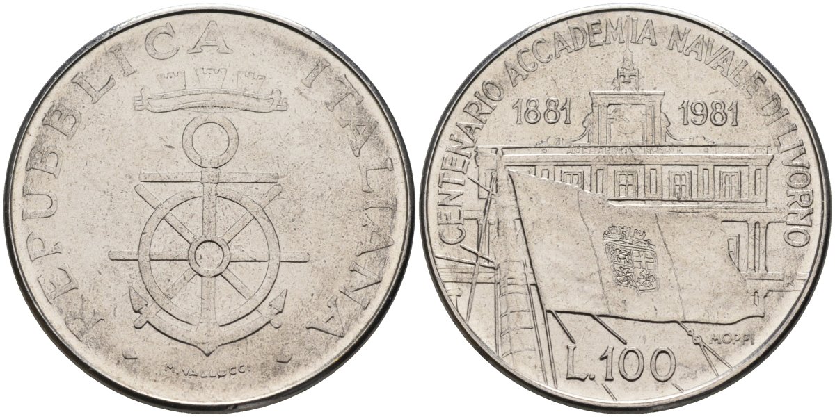 Италия 100 лир 1981 R, 100 лет Военно-морской Академии в Ливорно KM 108 нержавеющая сталь 4587-446