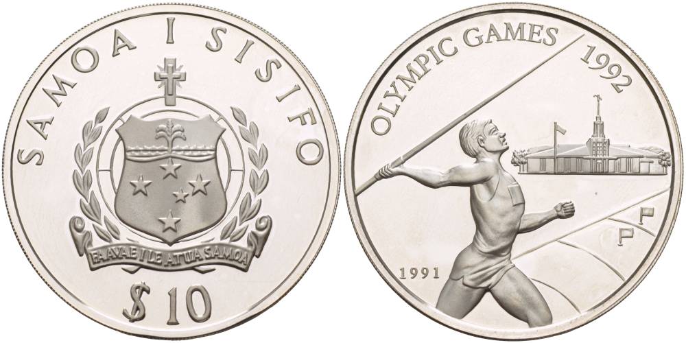 Самоа 10 тала 1991 XXV Олимпийские игры в Барселоне 1992 года, метание копья KM 85 серебро PROOF 1081-8-32
