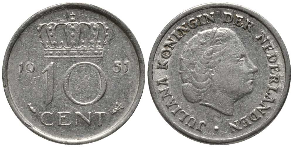 Нидерланды 10 центов 1951 Юлиана (1949-1980) KM 182 никель 112-735