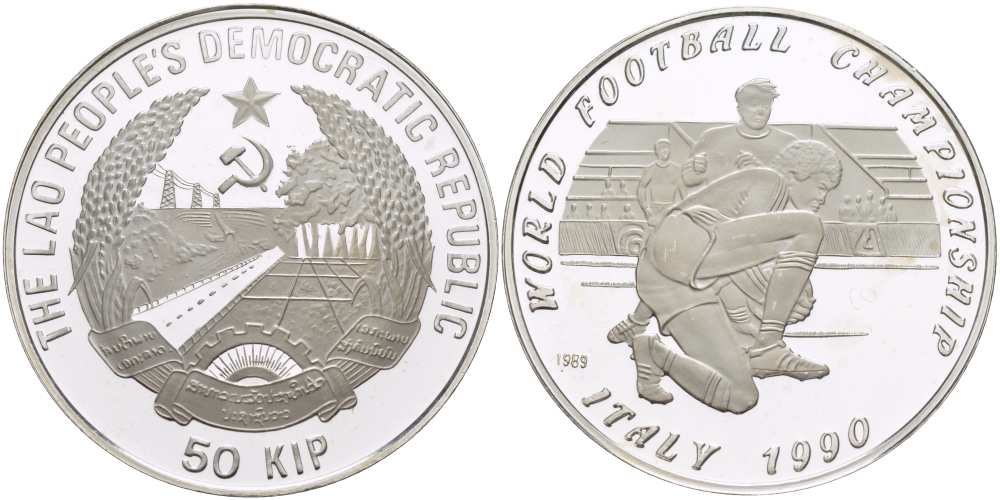 Лаос 50 кипов 1989 Чемпионат мира по футболу в Италии 1990 года, вратарь KM 34 серебро PROOF 1069-10-32