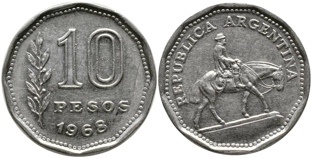 Аргентина 10 песо 1968 Гаучо KM 60 никелированная сталь 4525-946
