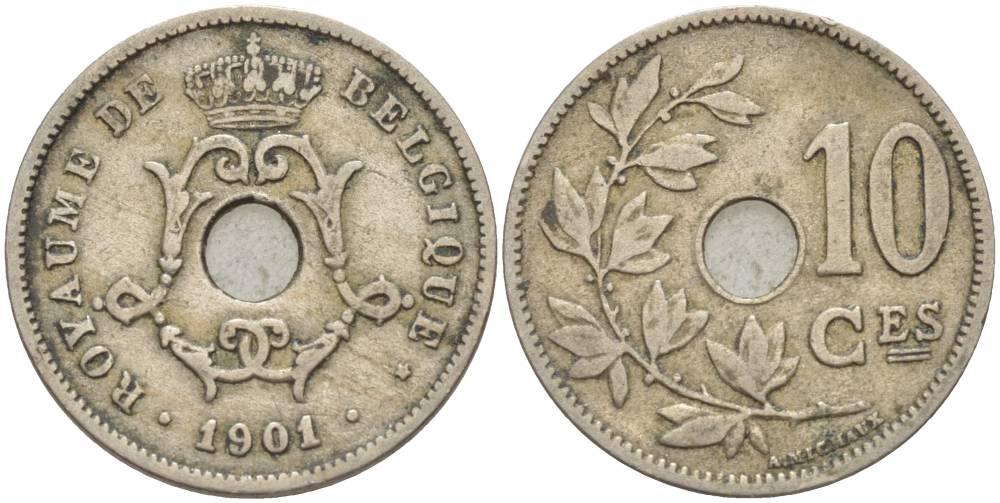 Бельгия 10 сантимов 1901 Belgique, Леопольд I (1865-1909) KM 48 медно-никель     4544-1213
