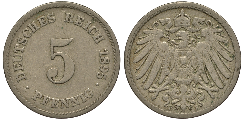 Германия 5 пфеннигов 1895 F KM 11, Jager 12, Weege 6 медно-никель 413-5234