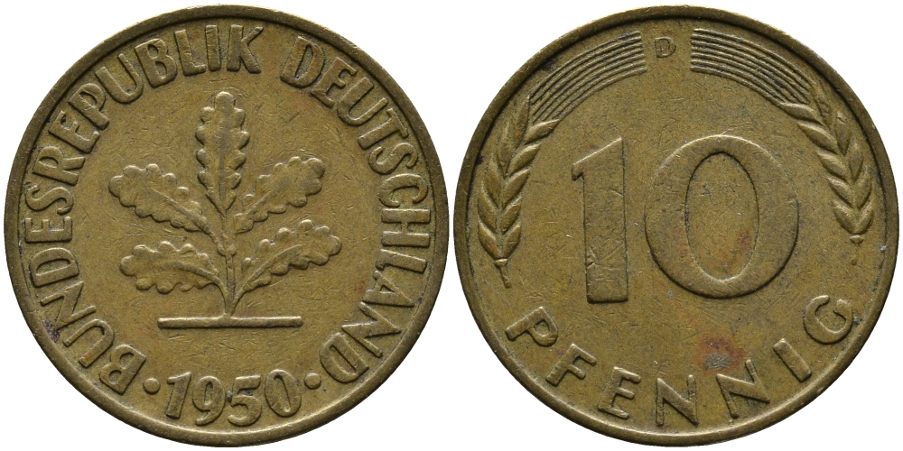ФРГ 10 ПФЕННИГОВ 1950 D KM 108, J.383 сталь плакированная латунью 33-116