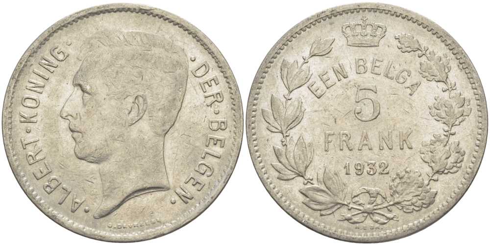 БЕЛЬГИЯ 5 ФРАНКОВ 1932 АЛЬБЕРТ I, DER BELGEN KM 98 никель 3851-425