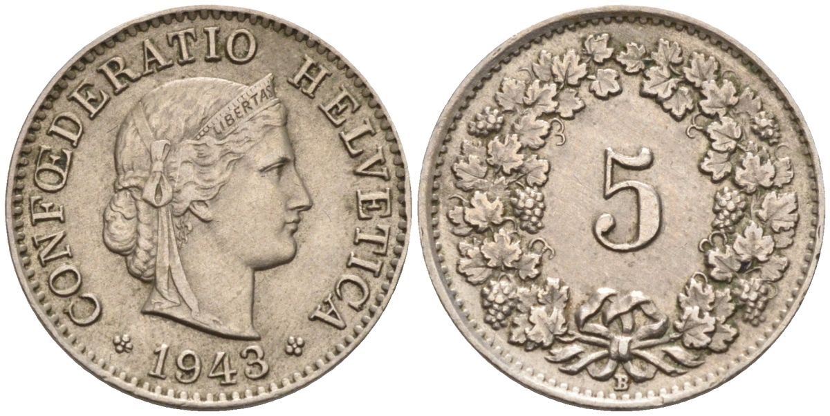 Швейцария 5 раппенов 1943 В KM 26 медно-никель 4594-613