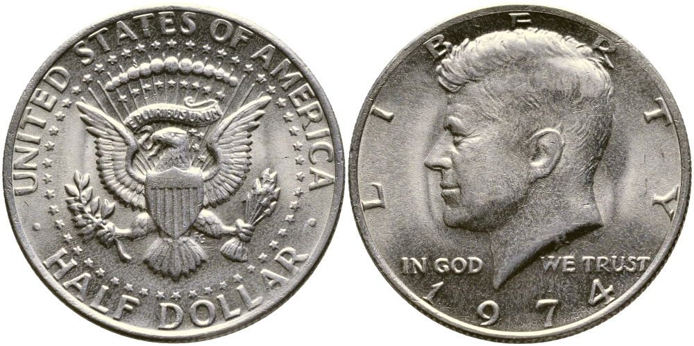 США 1/2 доллара (50 центов) 1974 Джон Кеннеди KM 202b медь плакированная медно-никелем 413-4325