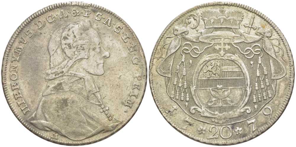 Австрия, Зальцбург 20 крейцеров 1779 М, Иеронимус фон Коллоредо (1772-1812) KM 431, Zottl 3273 серебро 413-1212