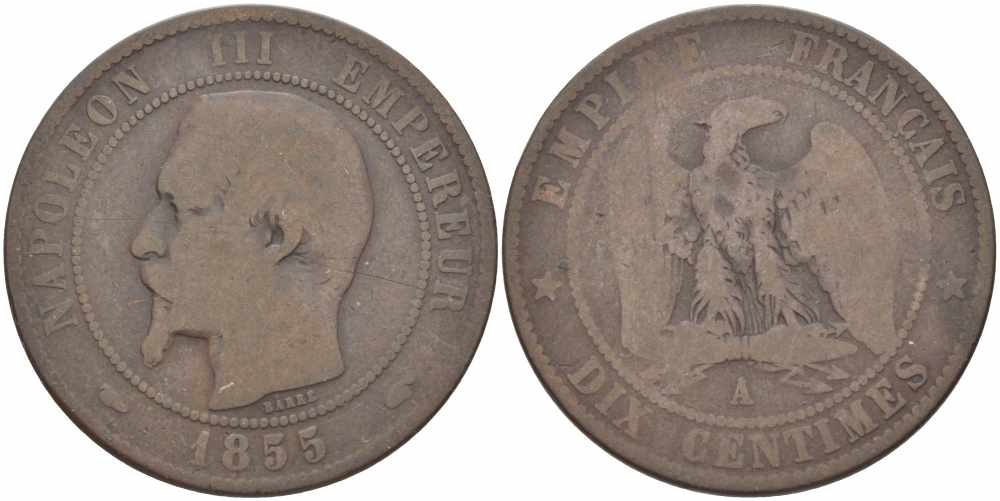 Франция 10 сантимов 1855 A, Наполеон III (1852-1870) KM 771.1, Le Franc 133.18 бронза    4680-516