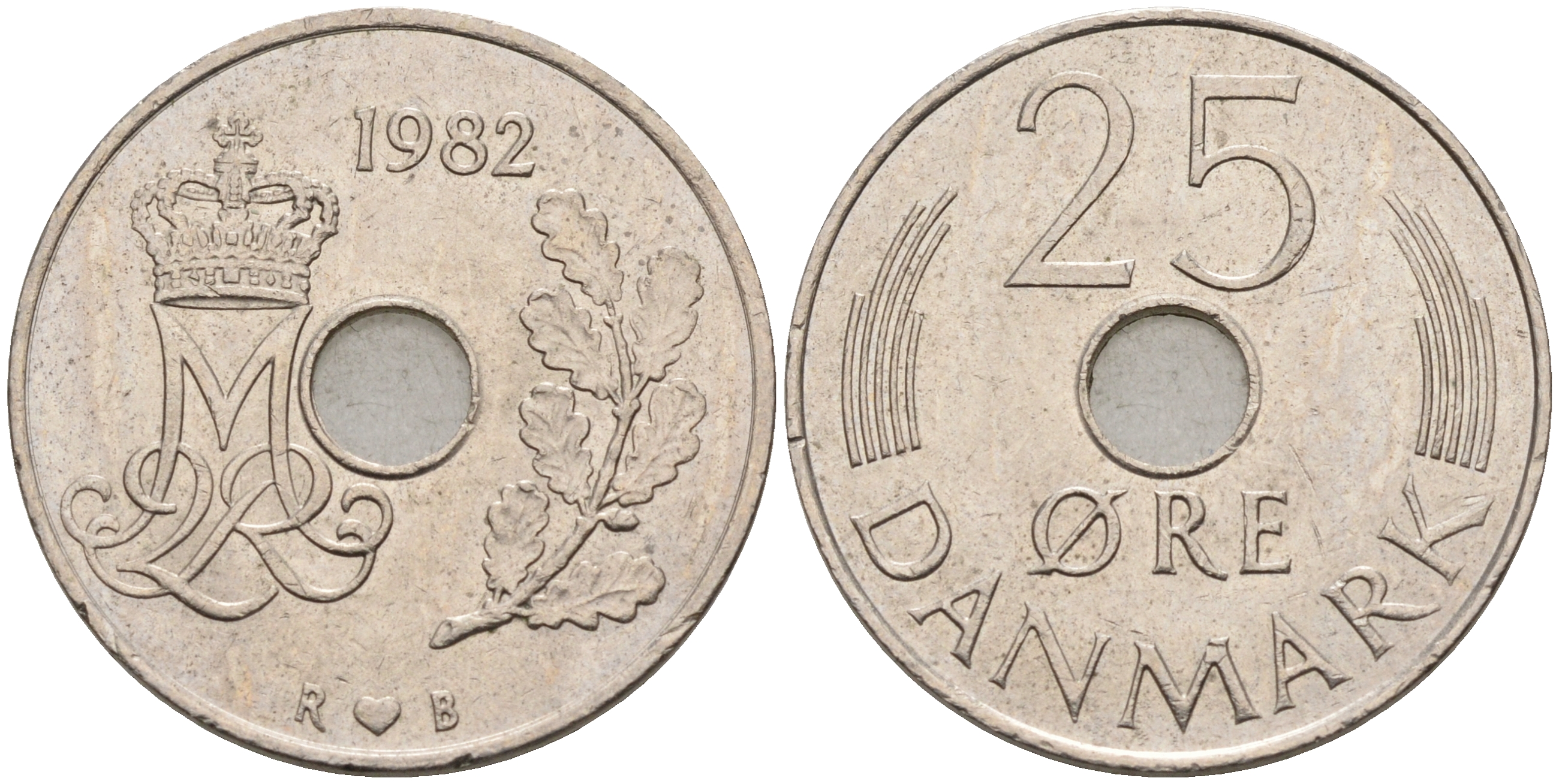 ДАНИЯ 25 ЭРЕ 1982 R; B, МАРГРЕТЕ II (1972-) KM 861.3 медно-никель 4566-545