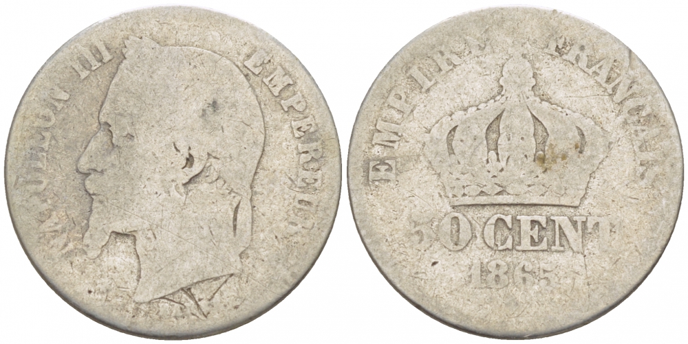 ФРАНЦИЯ 50 САНТИМОВ 1865 А, НАПОЛЕОН III KM 814.1, LE FRANC 188.5 серебро 3309-134