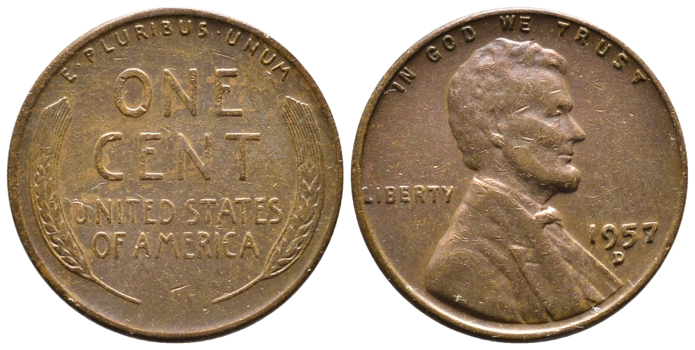 США 1 ЦЕНТ 1957 D ЛИНКОЛЬН KM A132 медь цинк 4364-735