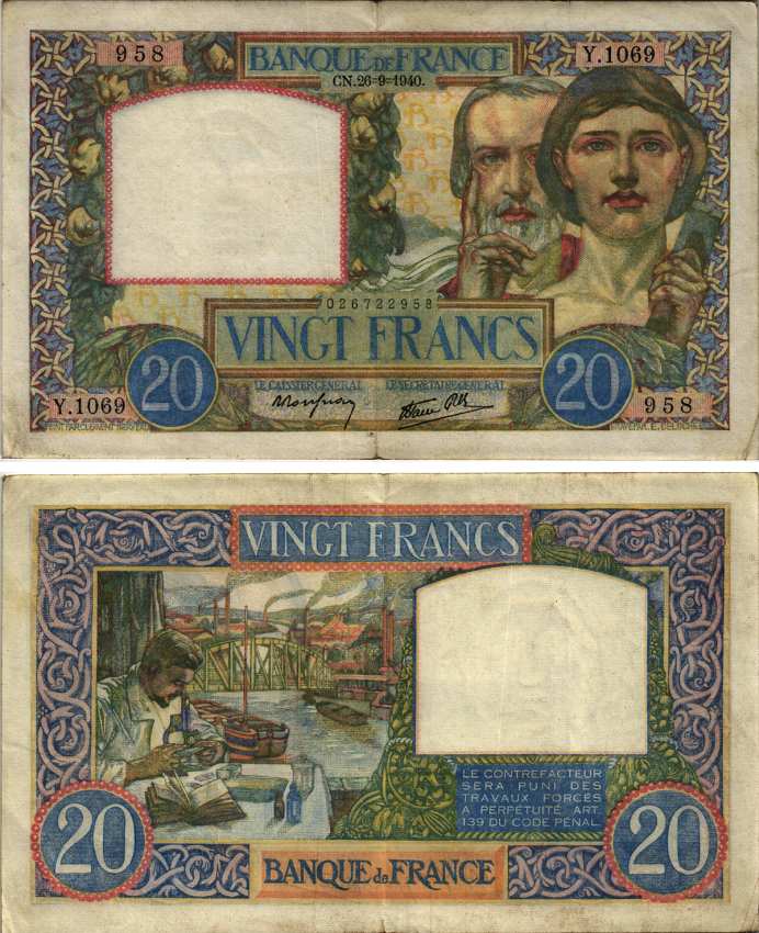 ФРАНЦИЯ 20 ФРАНКОВ 1940 26 СЕНТЯБРЯ 1940 Pick 92а бумага VF-XF 8607-67-2