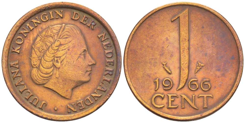 НИДЕРЛАНДЫ 1 ЦЕНТ 1966 ЮЛИАНА (1948-1980) KM 180 бронза 3309-333