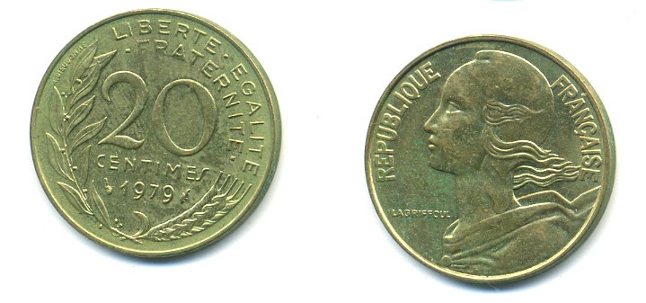 ФРАНЦИЯ 20 САНТИМОВ 1979 KM 930 медь алюминий никель 25-212