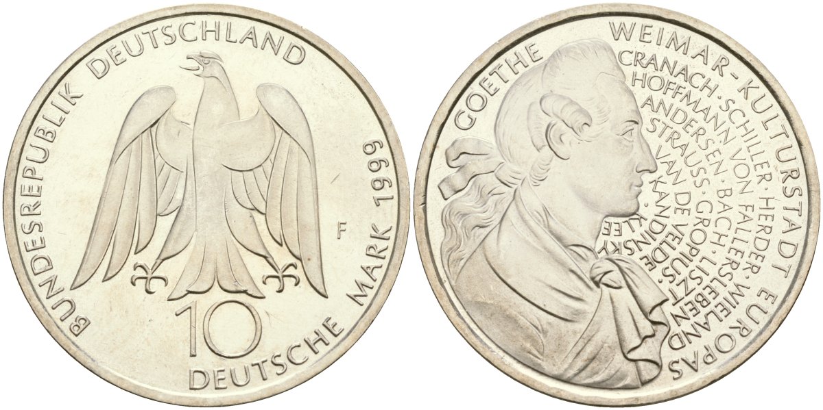 ФРГ 10 марок 1999 F, 250 лет со дня рождения Иоганна Гете KM 197 серебро UNC 04-137-22