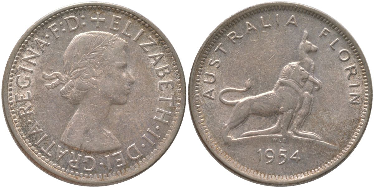 Австралия 1 флорин = 2 шиллинга 1954 Королевский визит в Австралию, Елизавета II (1952-2022), английский лев и кенгуру KM 55 серебро 81-144