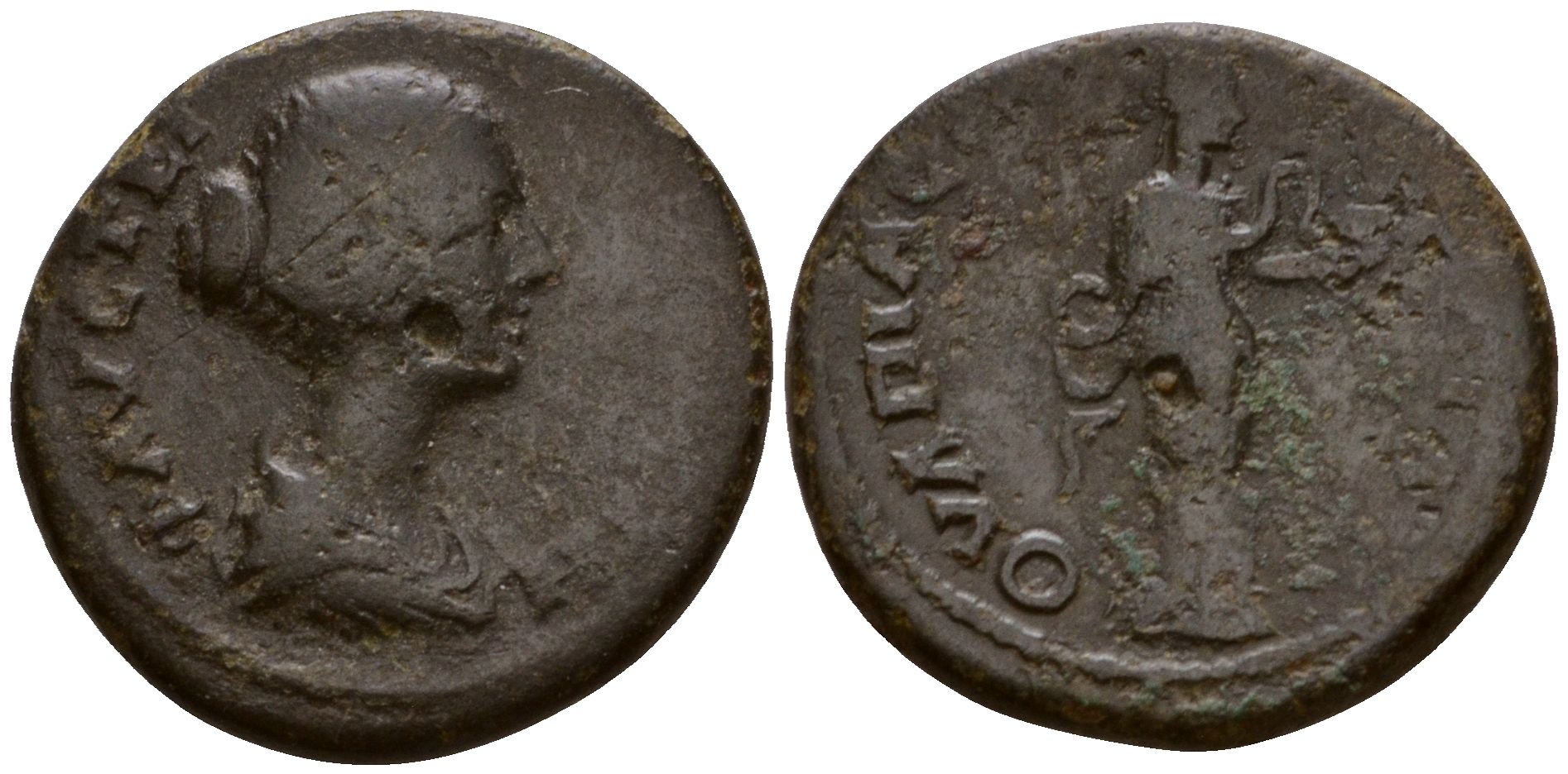 Римская Империя, Провинция Фракия, Павталия AE 161 - 176 Фаустина Младшая, жена Марка Аврелия, бюст императрицы / богиня Гигиэя RPC online IV.1 8819 бронза 1100-8-24