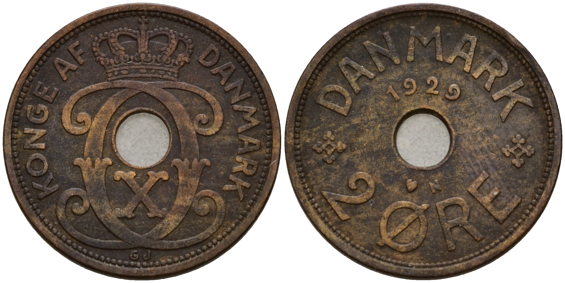 Дания 2 эре 1929 N; GJ, Кристиан X (1912-1947) KM 827.2 бронза    4603-414