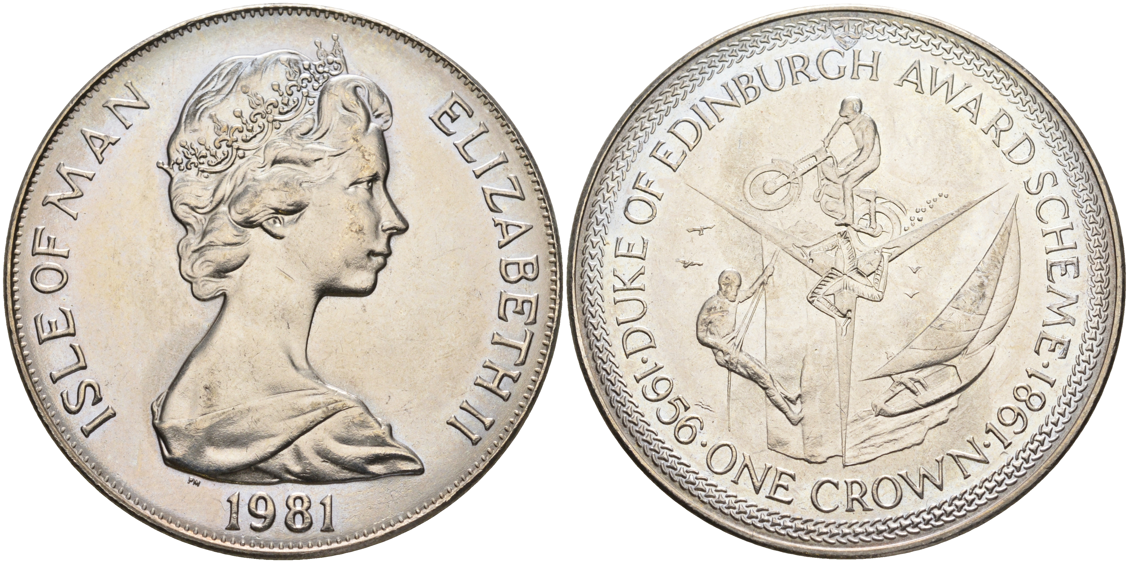 Остров Мэн 1 крона 1981 приз герцога Эдинбургского, мотоспорт, яхтинг, скалолазание КМ 76 медно-никель UNC 3897-1025