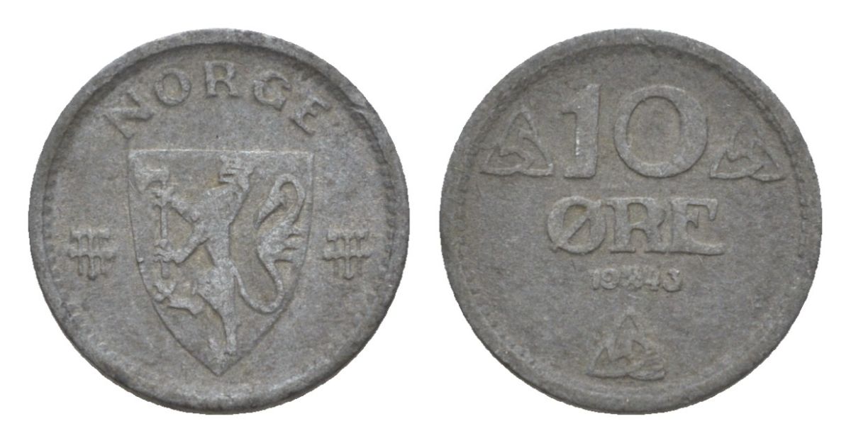 Норвегия 10 эре 1943 Хокон VII (1905-1957) KM 389 цинк 4632-1133