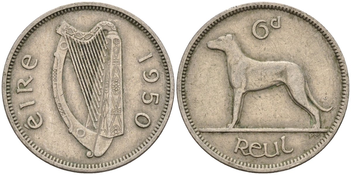 Ирландия 6 пенсов 1950 ирландский волкодав KM 13a медно-никель 4146-442