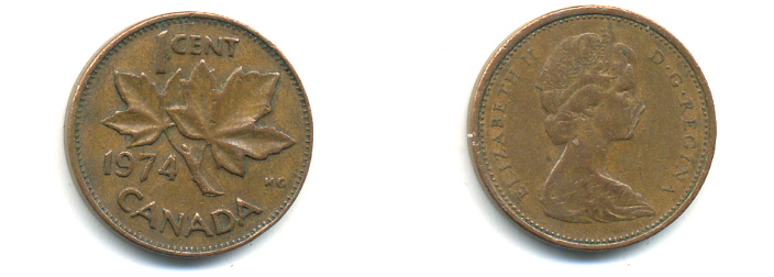Канада 1 цент 1974 Елизавета II (1952-2022), кленовый лист KM 59.1 бронза 177-1342