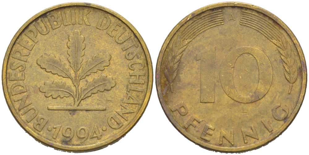 ФРГ 10 ПФЕННИГОВ 1994 А KM 108, J. 383 сталь плакированная латунью 217-544