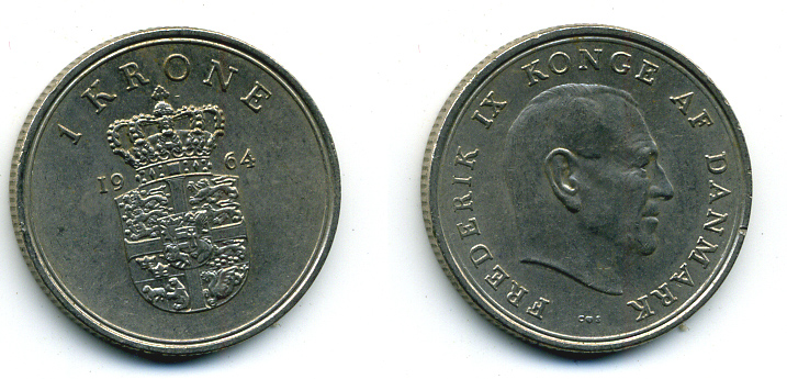 ДАНИЯ 1 КРОНА 1964 C; S, ФРЕДЕРИК IX (1947-1972) KM 851.1 медно-никель 56-426