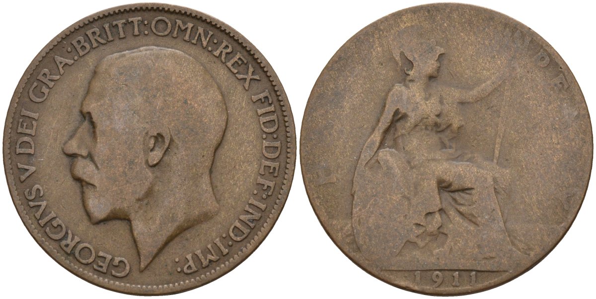 Великобритания 1/2 пенни 1911 Георг V (1910-1936) KM 809, Spink 4056 бронза 4143-644