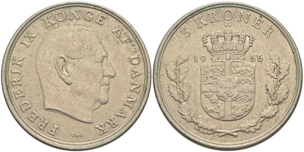ДАНИЯ 5 КРОН 1966 C; S, ФРЕДЕРИК IX (1947-1972) KM 853.1 медно-никель 38-445