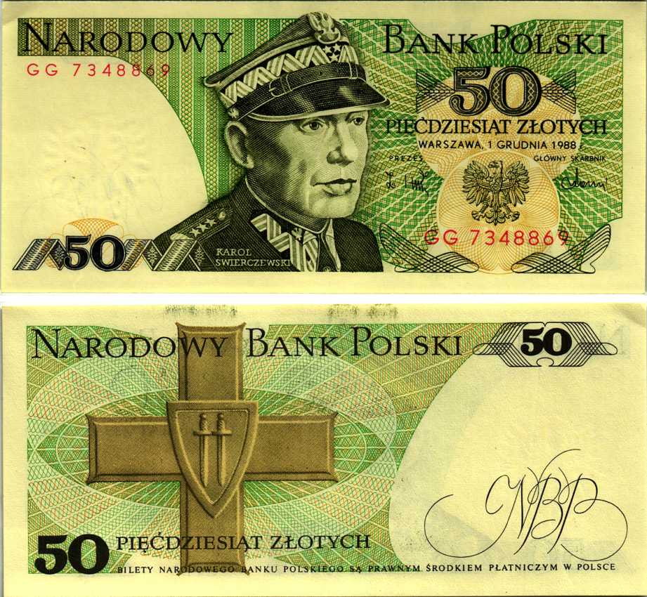 Польша 50 злотых 1988 Кароль Сверчевский, знак Грюнвальдского ордена Pick 142 c бумага аUNC 8607-71-2-1