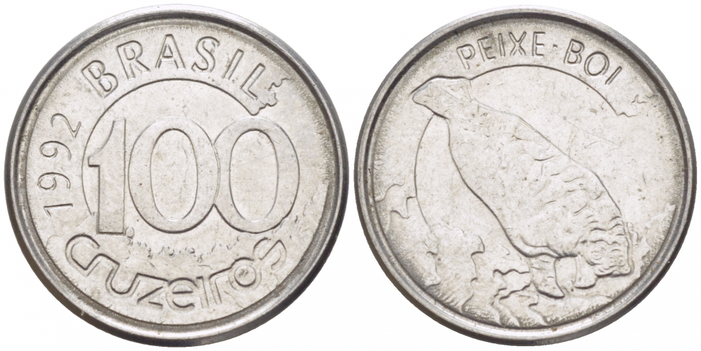 БРАЗИЛИЯ 100 КРУЗЕЙРО 1992 РЕФОРМА 1990-1993, ЛАМАНТИН KM 623 нержавеющая сталь 4392-748