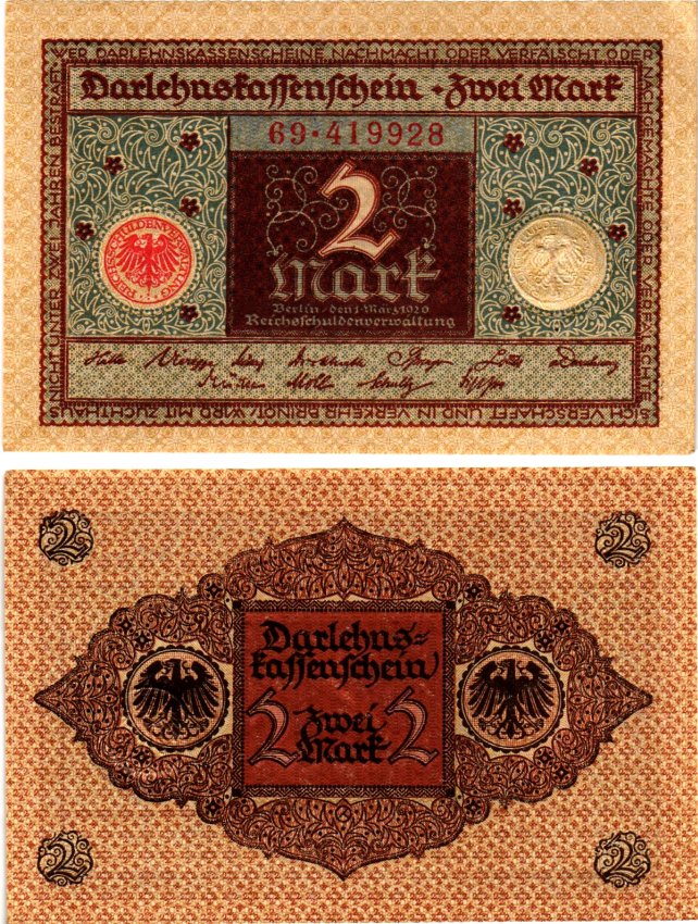 Германия 2 марки 1920 Pick 60 бумага UNC (пресс) 6301-16-2-1