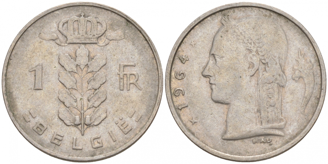 БЕЛЬГИЯ 1 ФРАНК 1964 BELGIE KM 143.1 медно-никель 68-342