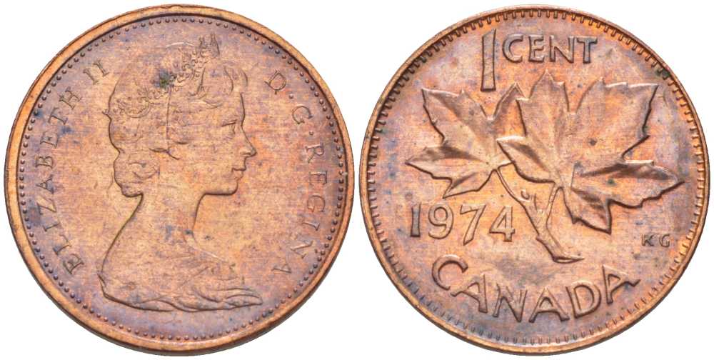 Канада 1 цент 1974 Елизавета II (1952-2022), кленовый лист KM 59.1 бронза 105-1169