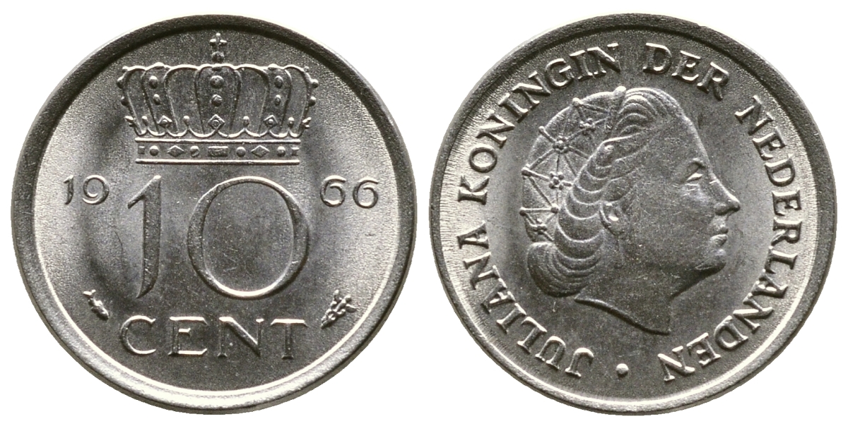 НИДЕРЛАНДЫ 10 ЦЕНТОВ 1966 ЮЛИАНА KM 182 никель 261-633