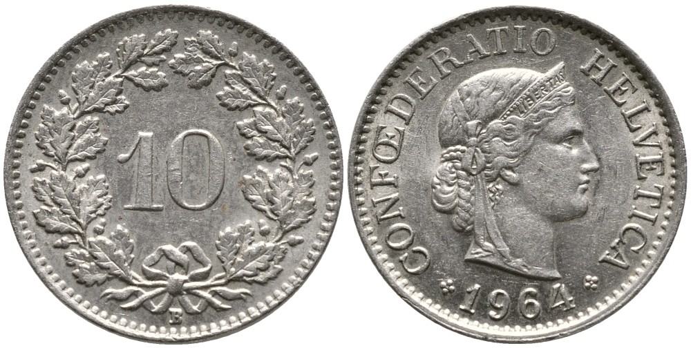 ШВЕЙЦАРИЯ 10 РАППЕНОВ 1964 В KM 27 медно-никель 4539-456