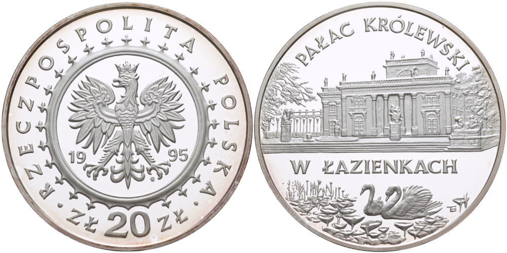 Польша 20 злотых 1995 MW, королевский замок в Лазенковском парке KM 296 серебро PROOF 1080-10-62