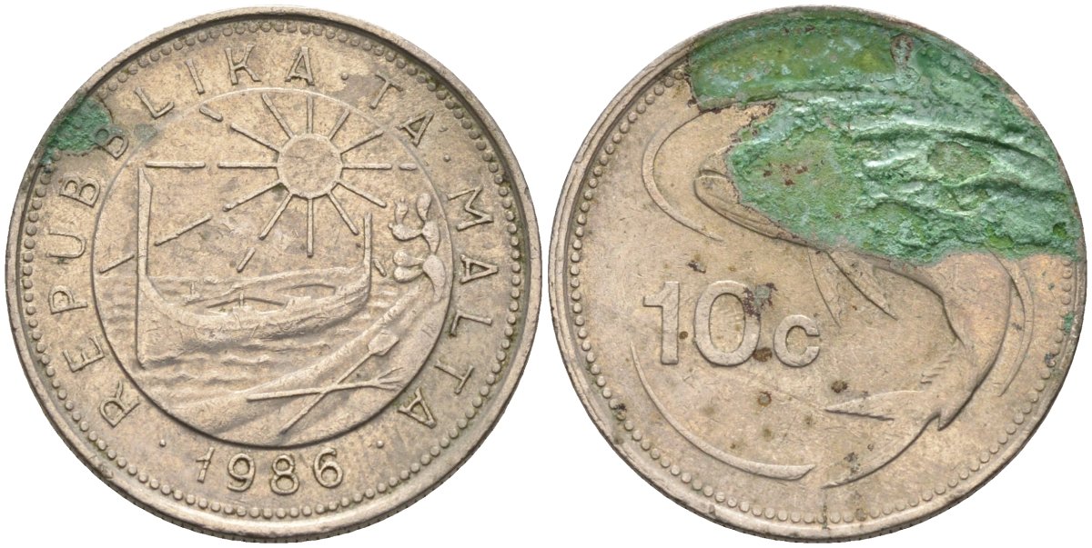 Мальта 10 центов 1986 золотая макрель KM 76 медно-никель 4588-216