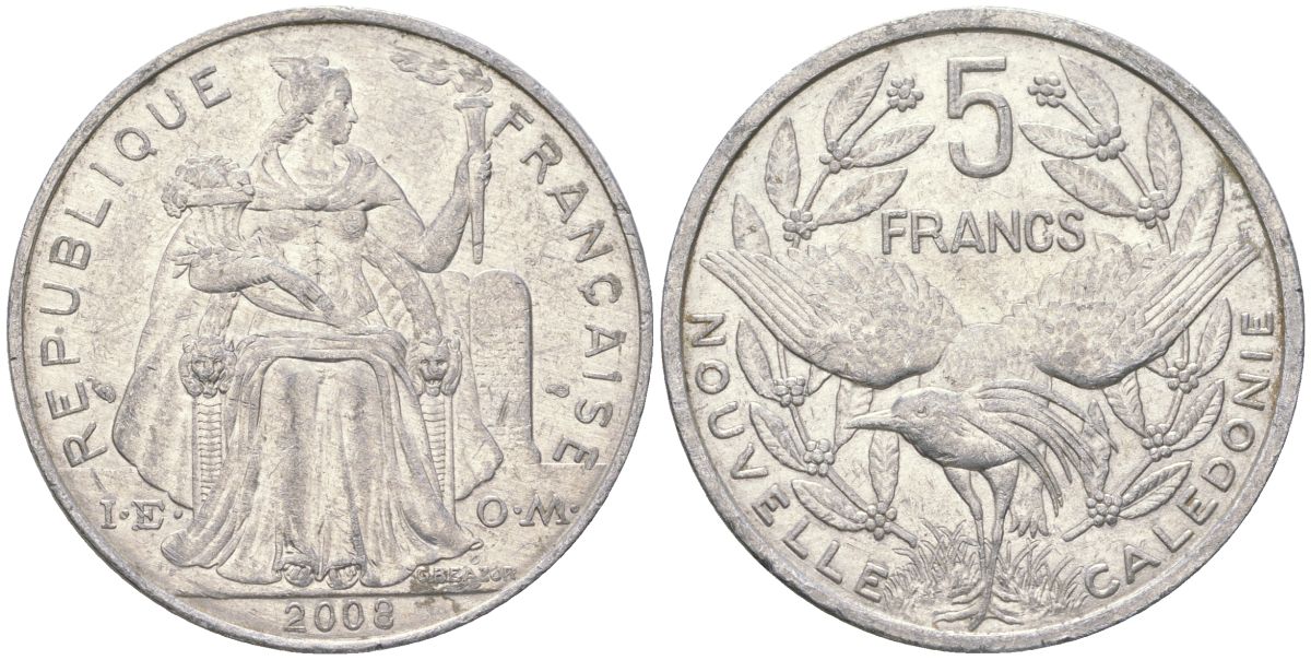Французская Новая Каледония 5 франков 2008 птица кагу, (IEOM) KM 16, Schoen 12, Lec 81k алюминий 221-643
