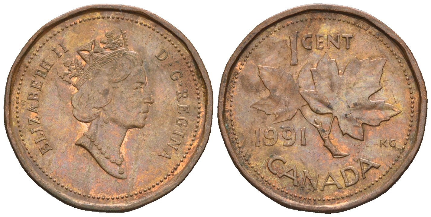 Канада 1 цент 1991 Елизавета II (1952-2022), кленовый лист KM 181 бронза 4609-237